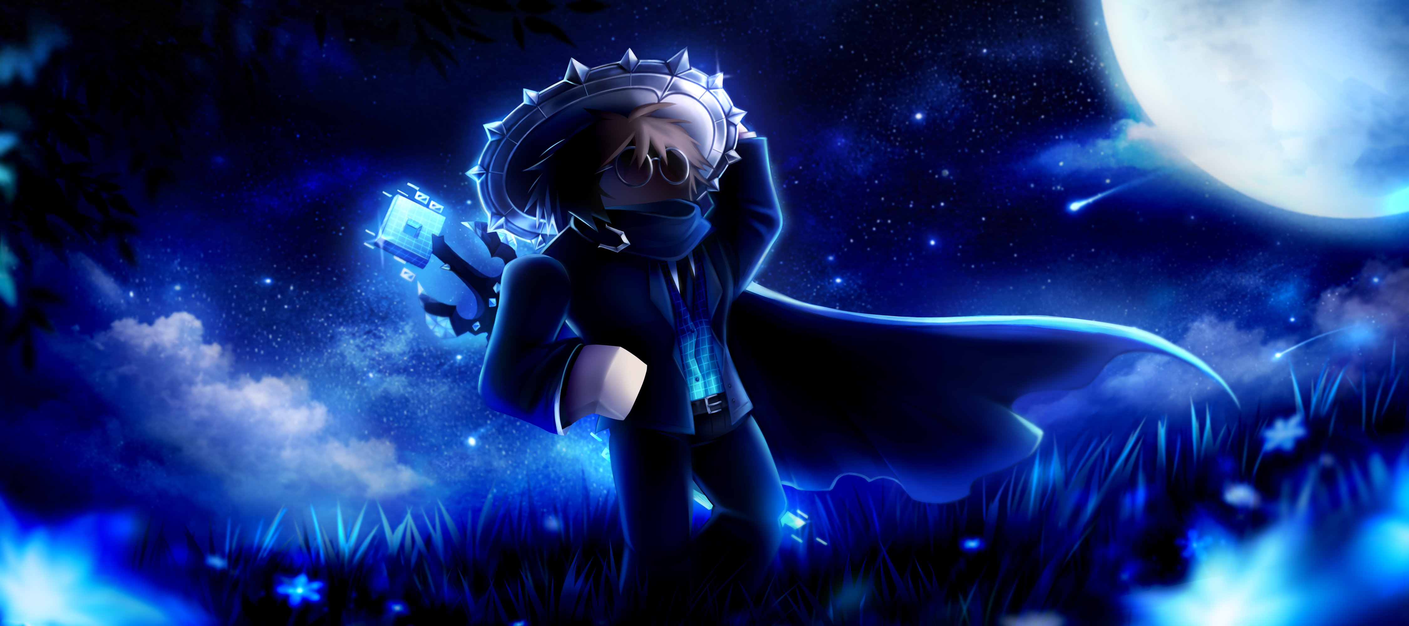 Roblox character beneath a moonlit blue sky, artwork supplied by kesprypi